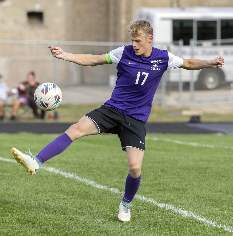 Dixon’s Hayden Yingling handles the ball in a game against Rockford Lutheran Wednesday, Sept. 18, 2024.