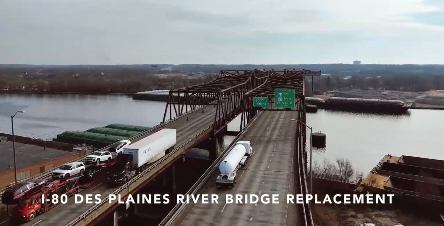 A photo of the Interstate 80 Des Plaines River Bridge in Joliet shown in a presentation to the media by the Illinois Department of Transportation on Thursday, Feb. 26, 2026.