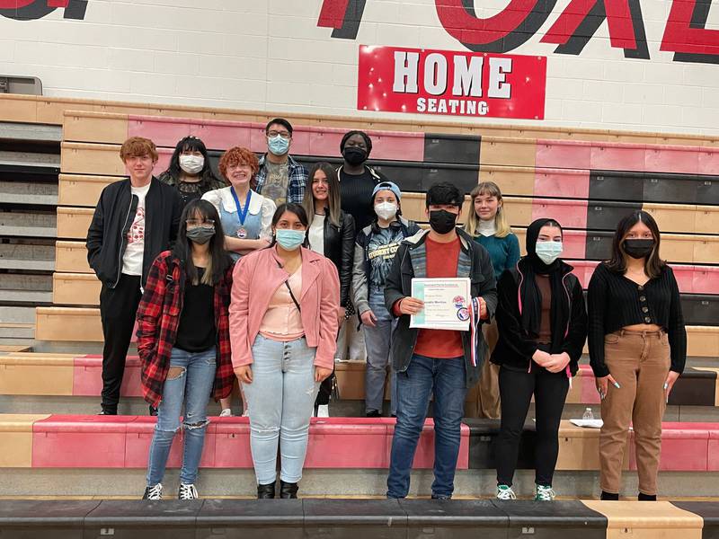Joliet Central and West High School students competed in the SPC Literary Festival on Saturday, April 9, 2022, at Yorkville High School. Pictured, from left, are (third row) Rebecca Ramirez, Matteo Audelo, Angela Ayivor, (second row) Nick DePaolo, Clare Lundeen, Stephanie Porys-Camarillo, Claudia Villaflor, Karis Posteluk, (first row) Luna Davila, Lissette Garnica, Octavio Ortiz, Katherine Colome, Megan Scholtes.
