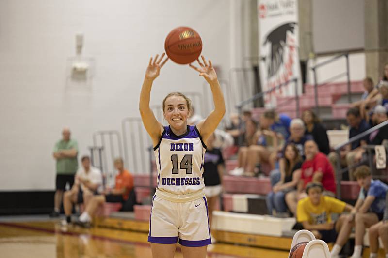 Dixon’s Abby Knipple puts up a shot in the three point contest Thursday, June 15, 2023 during the Sauk Valley Media All-Star Basketball Classic at Sauk Valley College.