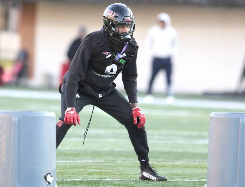 Northern Illinois University junior linebacker Daveren Rayner participates in a drill during spring practice Friday, April 7, 2023, in Huskie Stadium at NIU in DeKalb.