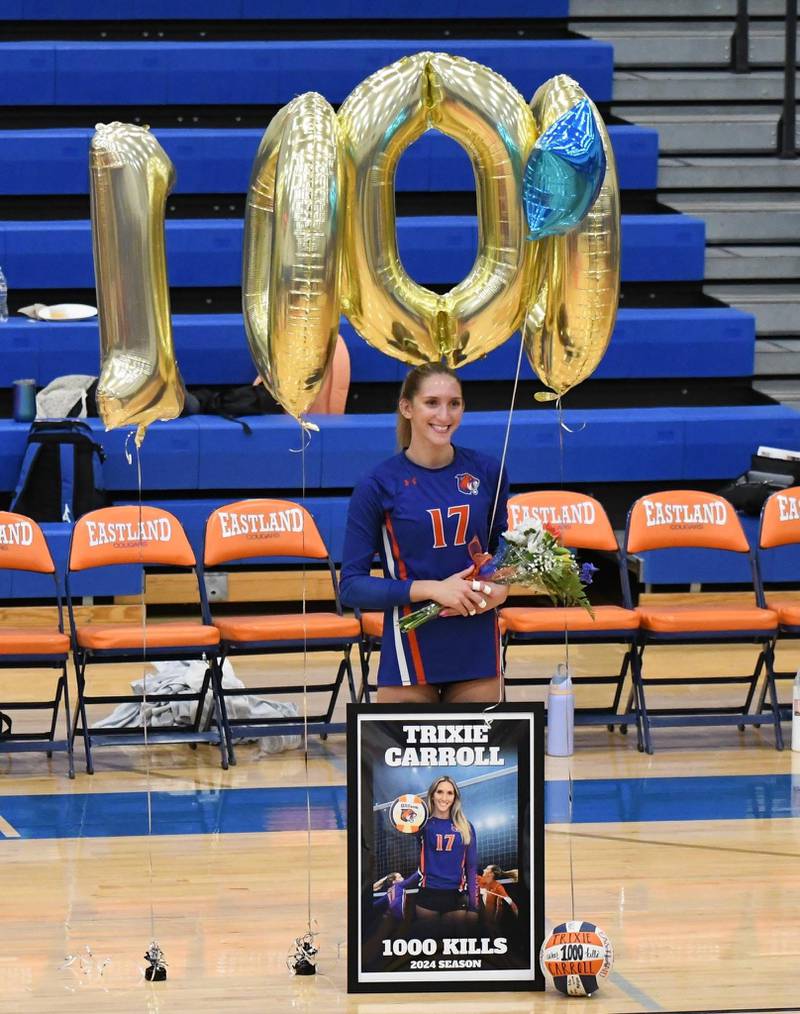 Eastland junior volleyball player Trixie Carroll is pictured after recording her 1000th kill on Thursday, Sept. 26 after a home win over Ashton-Franklin Center.
