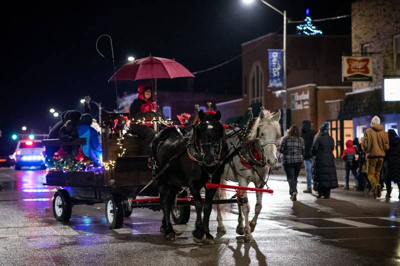 A horse-drawn carriage made its way through a festive downtown Genoa for the Genoa Area Chamber of Commerce's annual Jingle Bell Parade and holiday event on Friday, Dec. 1, 2023.