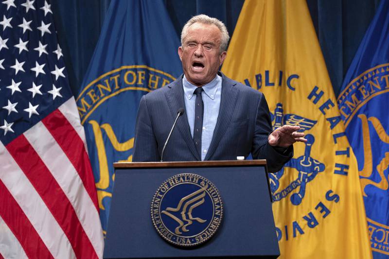 FILE - Health and Human Services Secretary Robert F. Kennedy Jr. speaks during a news conference on the Autism report by the CDC at the Hubert Humphrey Building Auditorium in Washington, April 16, 2025. (AP Photo/Jose Luis Magana, File)