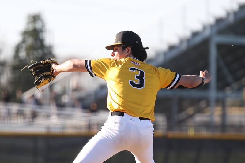 Joliet West’s Juan Rico delivers a pitch against Joliet Central on Monday, April 15, 2024.