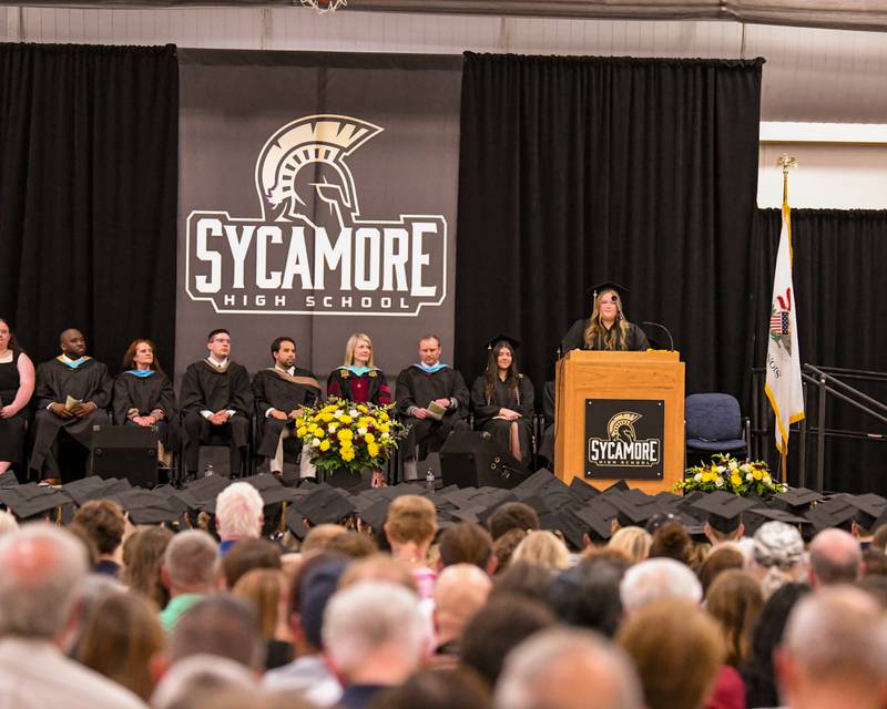 Sycamore graduate and senior class speaker Julia Weaver addresses the crowd during the Class of 2026 Commencement on Sunday, May 24, 2026, held at Sycamore High School.