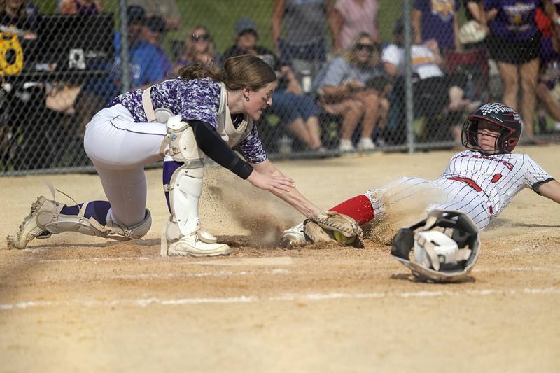 Fulton’s Belle Curley is tagged out by Orangeville’s Abigail Hazzard Tuesday, May 26, 2026, at the Eastland Class 1A softball sectional quarterfinal.