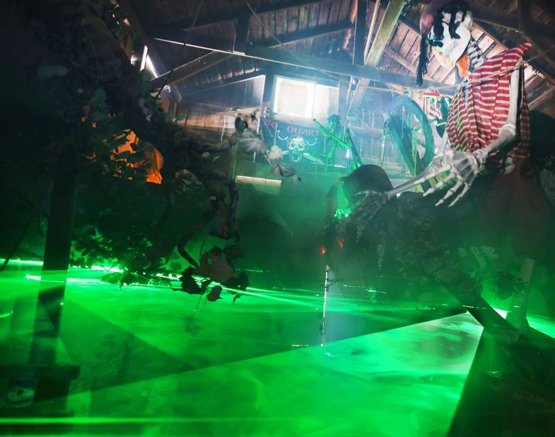 A view of the pirate swamp room inside the Nightmare on Fairgrounds Road Haunted Attraction on Monday, Sept. 29, 2025 at the Bureau County Fairgrounds in Princeton. Every year, the old, creepy, barns at the Bureau County Fairgrounds are transformed into the stuff of nightmares. The Nightmare on Fairgrounds Road is in it’s 22nd year. This year’s event features: haunted barns, bonfire, and souvenirs. The popular haunted house is open Friday's and Saturday's from 7p.m.-10p.m. at the Bureau County Fairgrounds in Princeton. Admission is $20 for kids age 8 and older.