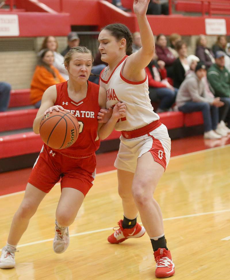 Streator's Ava Gwaltney dribbles around Ottawa's Mary Stisser during the Lady Pirate Holiday Tournament on Wednesday, Dec. 20, 2023 in Kingman Gym.