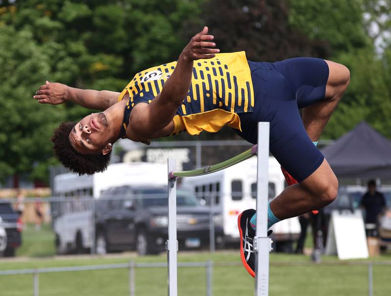 Sterling’s Andre Klaver clears the bar in the high jump Thursday, May 16, 2024, during the Class 2A boys track sectional at Sycamore High School.