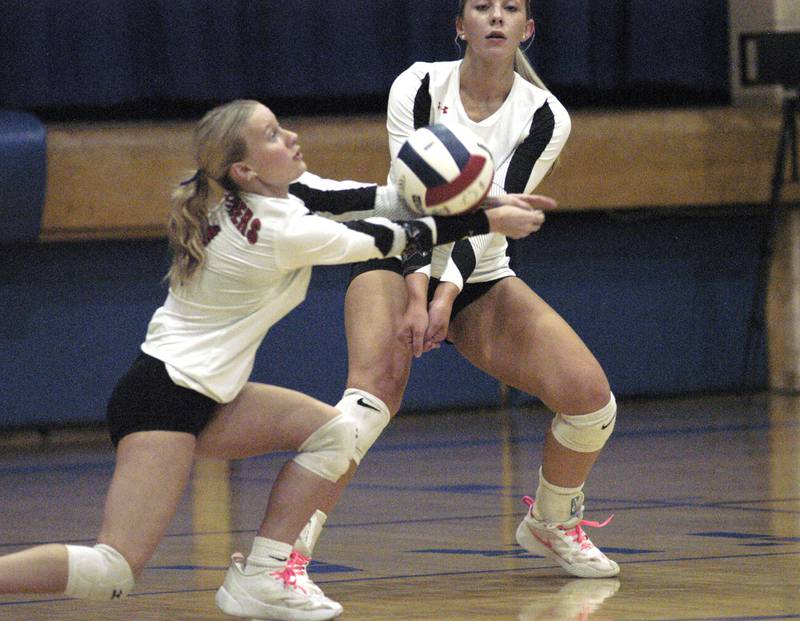 Two E-P players go for the ball in the back court. Erie-Prophetstown took on Oregon in the Class 2A regional volleyball semifinal Tuesday, Oct. 29, 2024 at Newman High School.