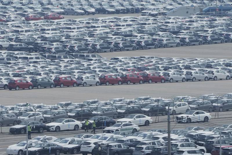 Vehicles for export are parked at a port in Pyeongtaek, South Korea, Tuesday, July 8, 2025. (AP Photo/Ahn Young-joon)