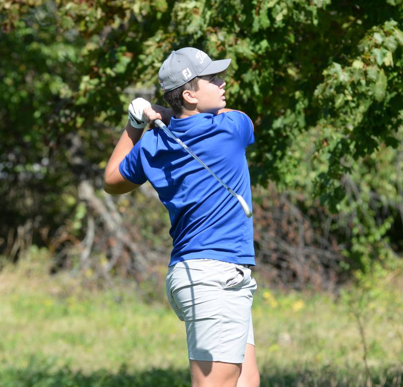 Sterling Newman's Michael Morse watches his drive at the 1A Lanark Regional at Lake Carroll Golf Course on Wednesday, Oct. 2, 2024.