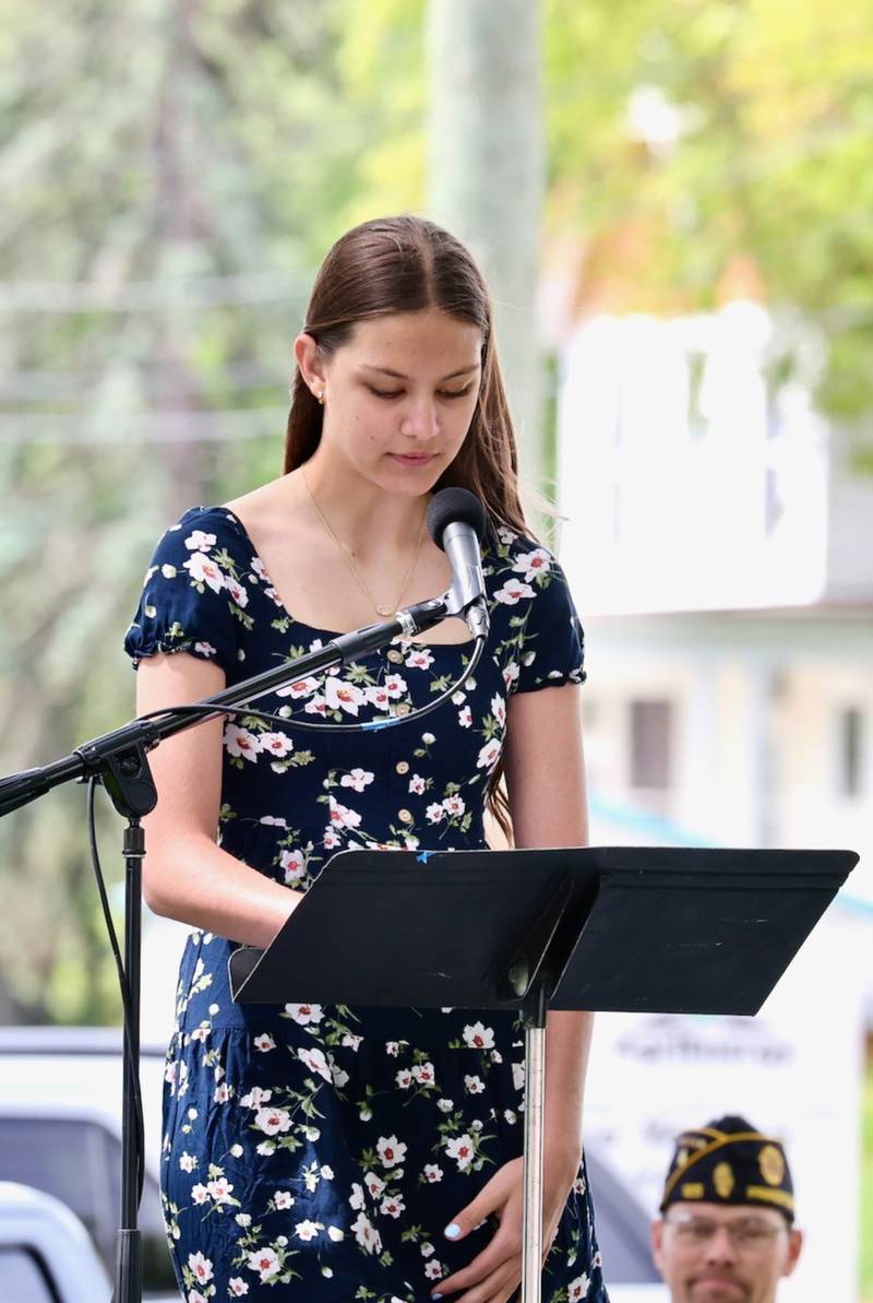 Daniqua Benavidez of Princeton Christian Academy recites her essay during Monday's Memorial Day Services in Princeton.