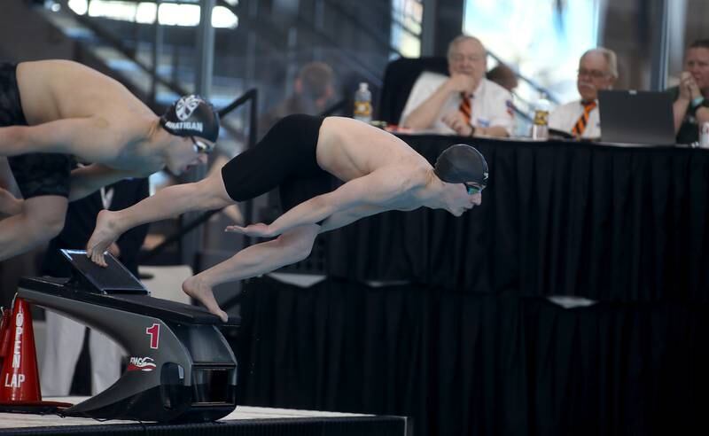 Plainfield’s Aristidis Jonihakis takes off from the block for the 500-yard freestyle consolation heat during the IHSA Boys State Championships on Saturday, March 1, 2025 at the FMC Natatorium in Westmont.