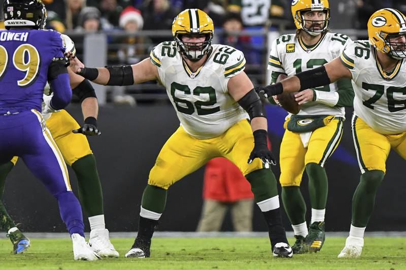 Green Bay Packers center Lucas Patrick in action during the second half against the Baltimore Ravens on Dec. 19, 2021 in Baltimore.