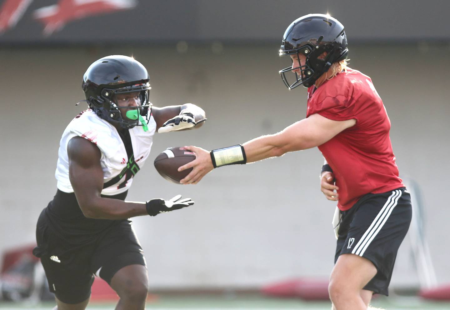 Northern Illinois Huskies quarterback Rocky Lombardi hands the ball off to running back Antario Brown during the first practice of the season Wednesday, Aug. 2, 2023, at Huskie Stadium in DeKalb.