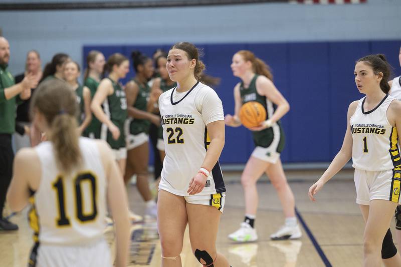 Yorkville Christian’s Ava Diqui comes off the court after the Mustangs lost to St. Edward’s Tuesday, Feb. 25, 2025, in the Class 1A Sectional at Hinckley-Big Rock.