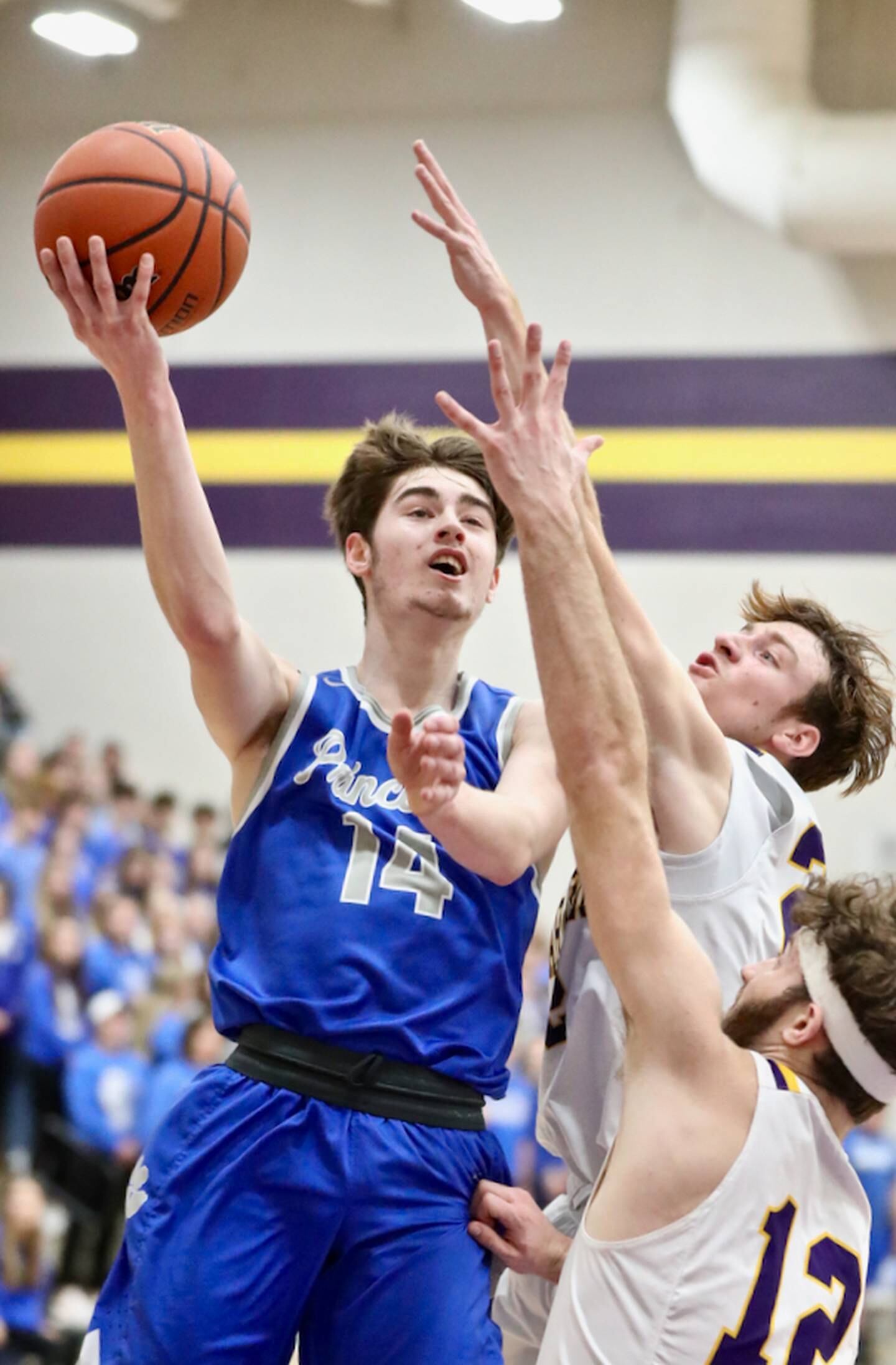 Princeton's Grady Thompson shoots over Farmington defenders Tuesday night at Mendota.