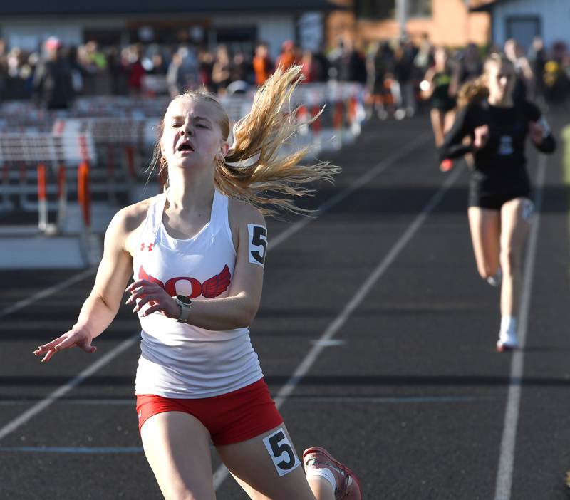 Oregon's Madeline Rogers crosses the finish line first in the 3200 meter run  at the 1A Winnebago Sectional on Wednesday, May 13, 2026.