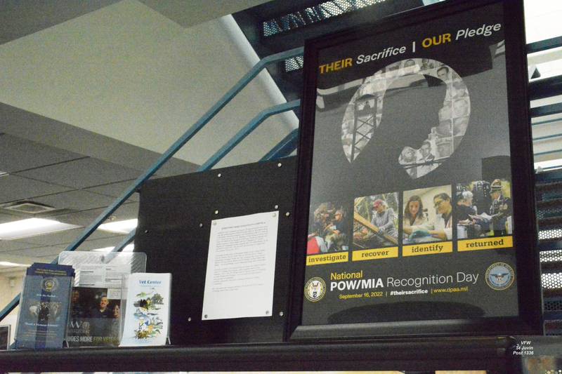 St. Juvin Post 1336's POW/MIA poster on display at the Coal City Public Library's Hometown Heroes exhibit