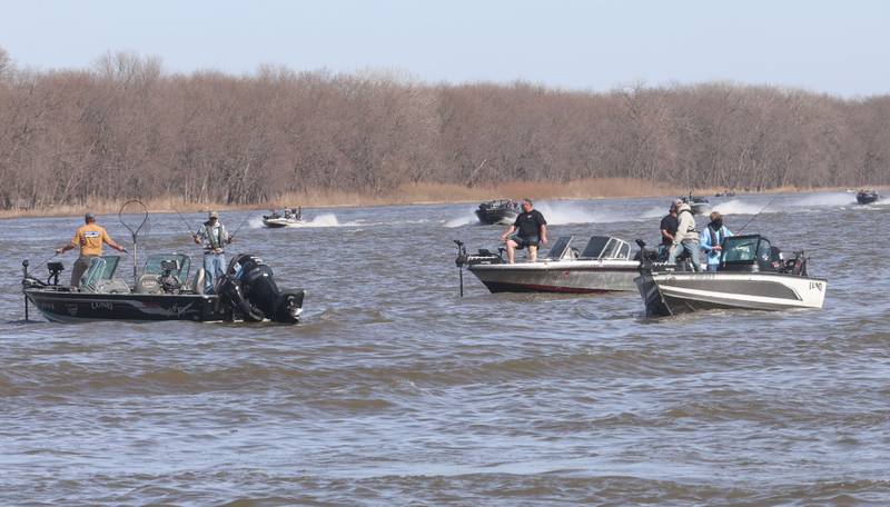 Anglers fish the Illinois River for Walleye during the annual Masters Walleye Circuit tournament on Friday, March 20, 2026 at the Spring Valley Boat Club.