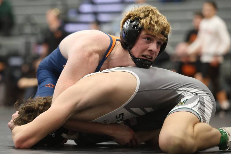Oswego’s Dillon Griffin’s works over Plainfield East in the SouthWest Prairie Conference 144 pound championship on Saturday, Jan. 24, 2026 in Minooka.