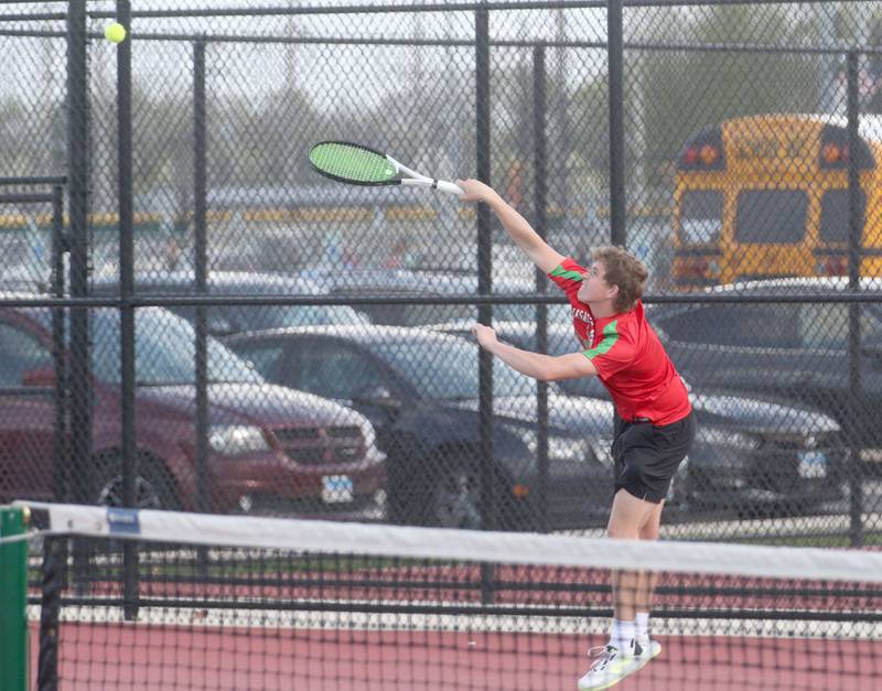 L-P's Jackson Sellett serves the ball against Ottawa on Tuesday, April 22, 2025 at the L-P Athletic Complex in La Salle.