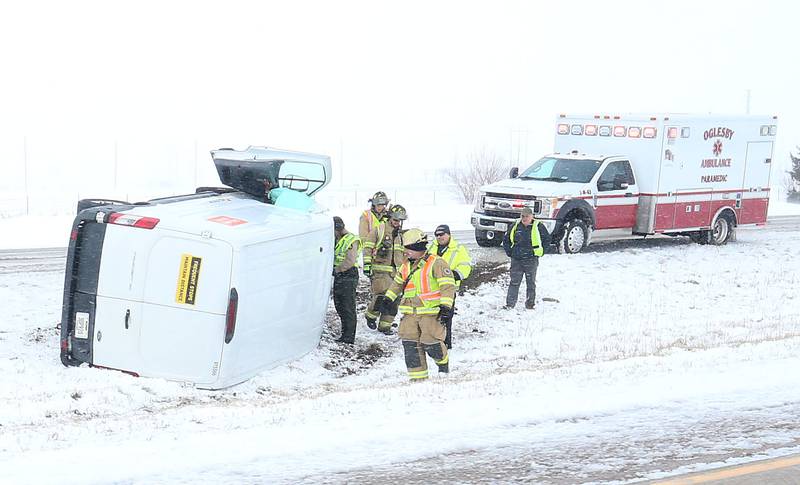 Oglesby Fire and EMS work the scene of a one-vehicle crash in the median near mile post 35 between Illinois Route 251 and Illinois Route 71 exits on Monday, March 16, 2026 near Oglesby. One person was entraped and escaped with no injuries.