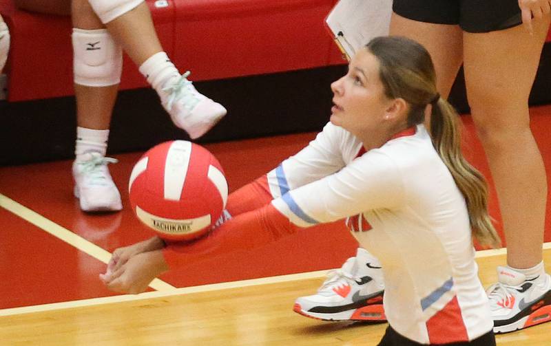 Ottawa's Meredith Waldron returns a serve from Pontiac on Tuesday, Sept. 9, 2025 at Kingman Gymnasium.