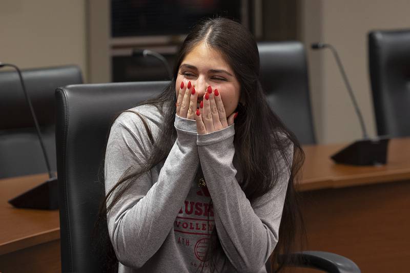 Sterling graduate and standout volleyball star Lexi Rodriguez reacts to being surprised with the key to the city Monday, Dec. 23, 2024, by Sterling mayor Diana Merdian.