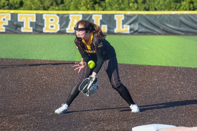 Herscher's Lilly Tucek stops a hard grounder for an out at first during the Tigers' 14-10 loss to Coal City on Monday, April 20, 2026.