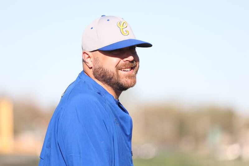 Joliet Central head coach Kevin Fitzgerald stands at third against Joliet West on Monday, April 15, 2024.