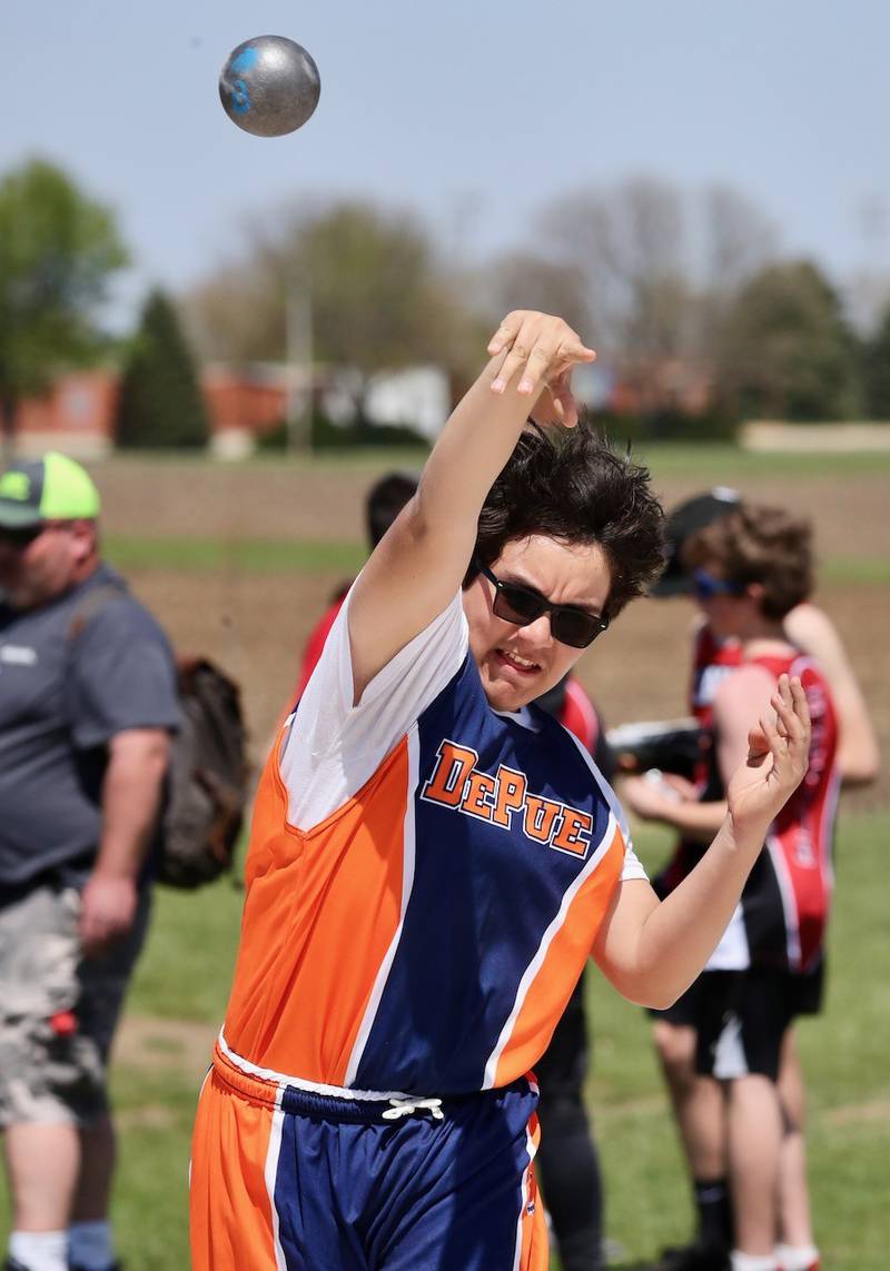 DePue's Christian Rodriguez throws the shot put in the Bureau County Junior High School track meet.