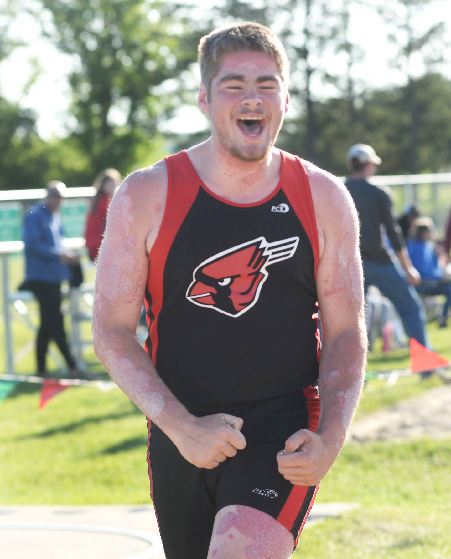 Forreston's Jakob Kobler celebrates after taking first place in the shot put during the 1A Oregon Sectional at Landers-Loomis Field on Friday, May 23, 2025 and qualifying for the state meet at Eastern Illinois University on Thursday, May 29.