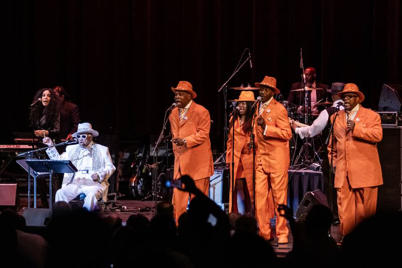 Marshall Thompson & The Chi-Lites perform during the Illinois Rock & Roll Hall of Fame Induction ceremony, held at the Rialto Theatre in Joliet, on Sept. 14, 2025.