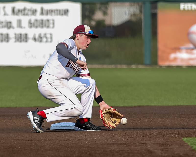 St. Ignatius Aidan Thaxton (6) receives the throw at second to tag the runner during the Class 3A Crestwood Supersectional game between St. Ignatius at Nazareth.  June 6, 2022.