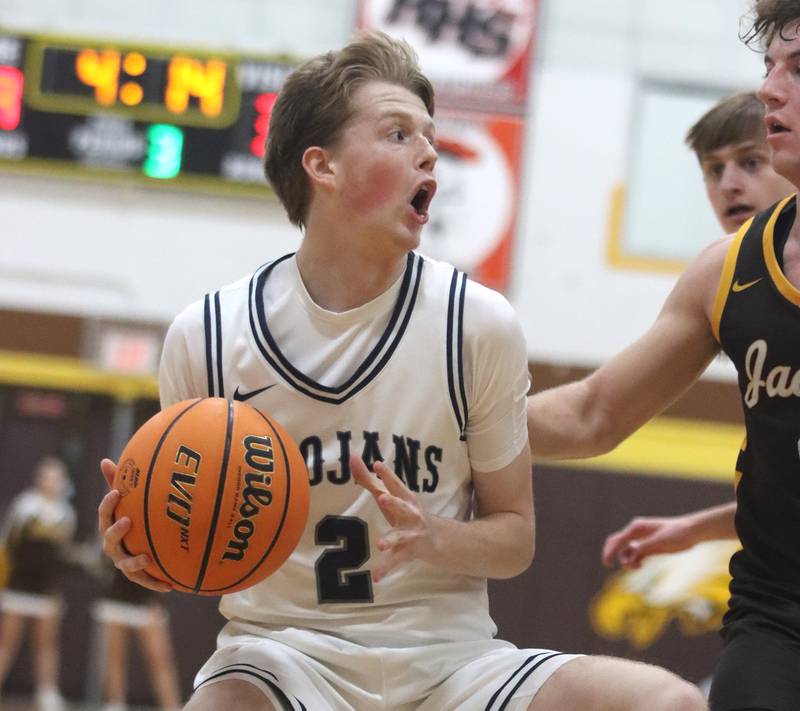 Cary-Grove’s AJ Berndt moves the ball against Jacobs during Hinkle Holiday Classic varsity boys basketball tournament action on Thursday, Dec. 26, 2024 at Jacobs High School in Algonquin.