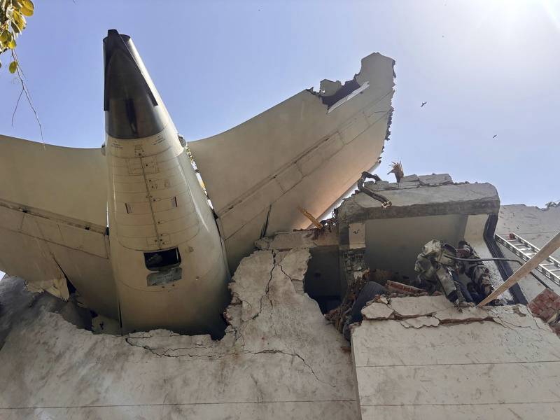 This photo shared by India's Central Industrial Security Force (CISF) shows debris of a plane that crashed in the northwestern Indian city of Ahmedabad, in Gujarat state, Thursday, June 12, 2025. (CISF via AP)