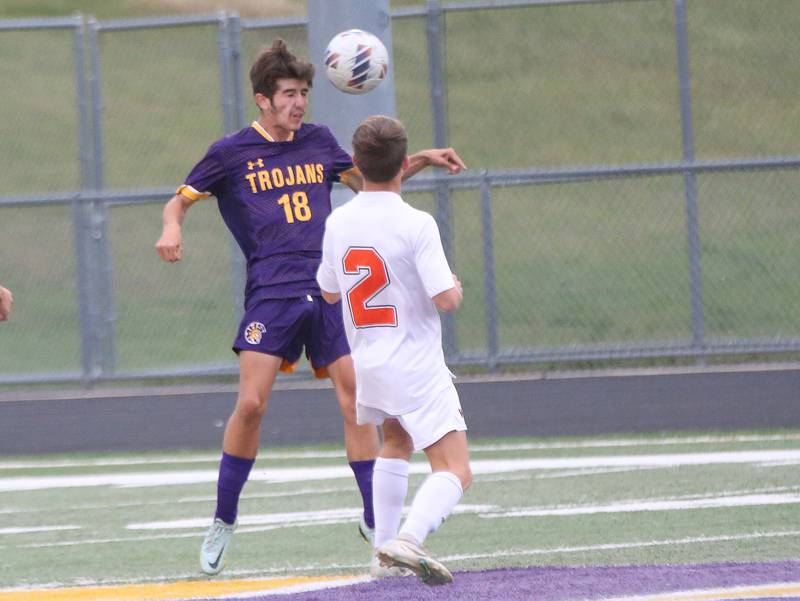 Mendota's Cameron Escatel beats Winnebago's Ryan Melin to a header on Wednesday, Oct. 4, 2023 at Mendota High School.