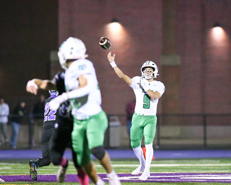 York's Dominic Alfano (9) tries to complete a pass to teammate but was incomplete during the game on Friday Oct. 10, 2025, while traveling to take on Downers Grove North High School.