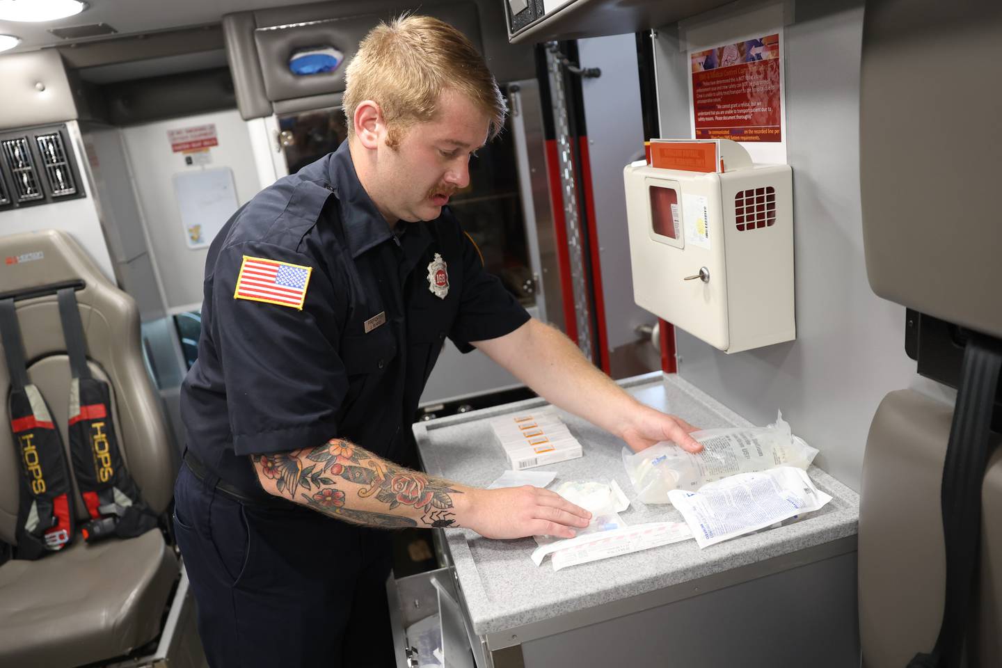 Lockport Firefighter Paramedic Josh Blaskey lays out the several ways first responders can administer Narcan on a call for an unresponsive person. Wednesday, July 6, 2022 in Lockport.