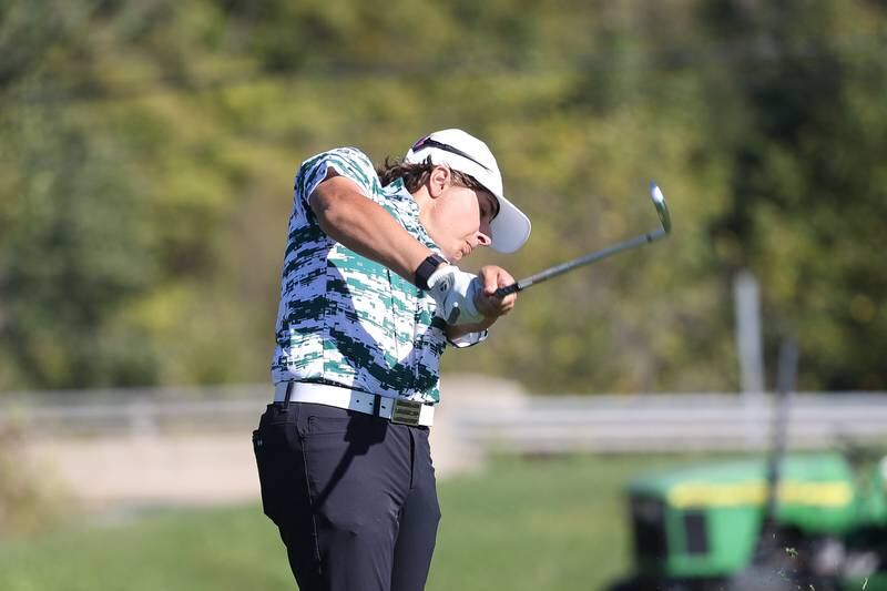 Providence’s Jonathan Schlender tees off the 15th hole in the Class 2A Lemont Boys Golf Sectional on Monday, Oct. 7, 2024 at Wedgewood Golf Course in Lemont.