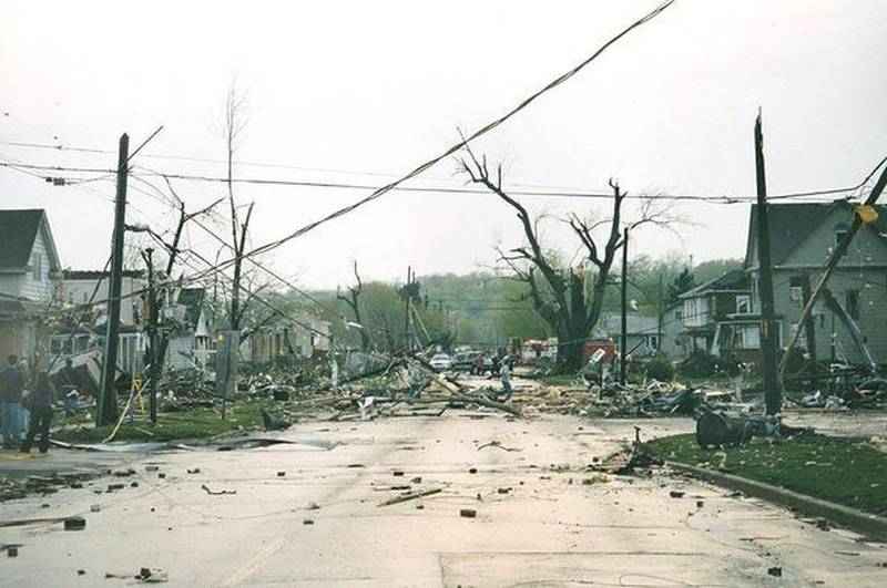 A view of the intersection of Illinois Route 71 and Church Street on the day of the tornado on Tuesday, April 20, 2004 in Utica.