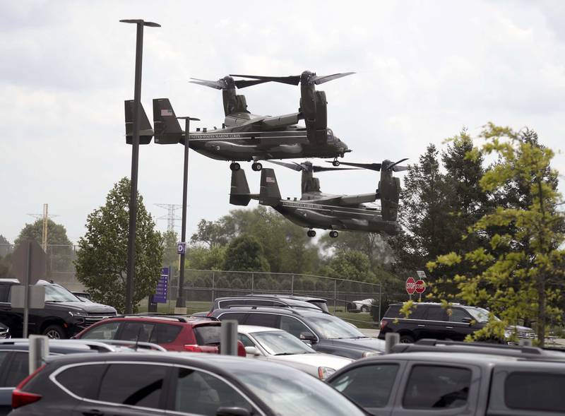 Helicopters arrive as President Joe Biden visits McHenry Community College Wednesday, July 7, 2021, in Crystal Lake.