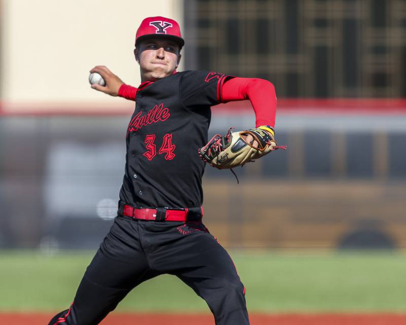 Yorkville's Ryder Fisher (34) delivers a pitch during baseball game between Oswego at Yorkville. Thursday, May 8, 2025 in Yorkville.