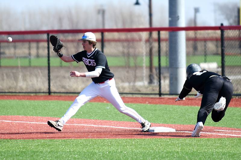 Bradley-Bourbonnais' Eric Rainbolt, left, fields a throw at first base ahead of a diving Ian Irps of Bishop McNamara during a game at 315 Sports Park in Bradley Saturday, March 28, 2026.