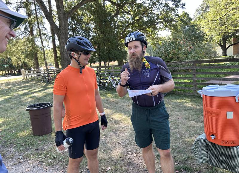 Jason Howlett (right) of Dixon chats with Albert Jankowski of Homer Glen at the rest stop at the John Deere Historic Site during the 10th annual TOSOC (Tour of Scenic Ogle County) on Saturday, Sept. 27, 2025.
