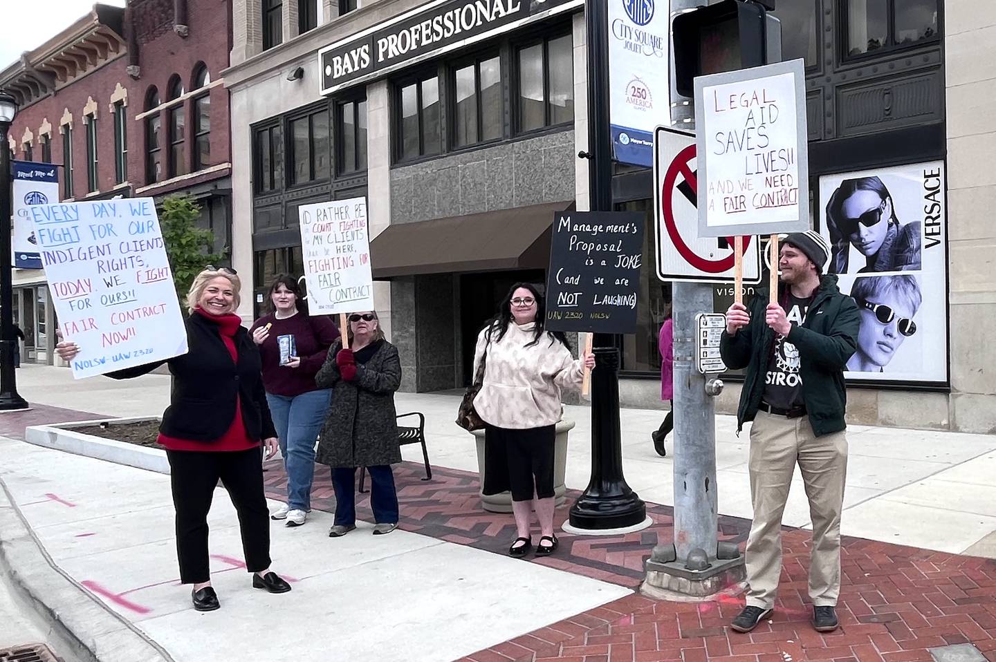 Legal aid union members on strike on Friday, May 1, 2026, in downtown Joliet. The members work for Prairie State Legal Services, which provides free services to indigent clients.