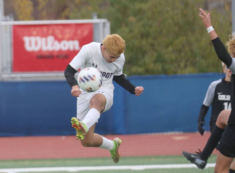 Angel Orozco bocks the ball during the Class 1A State title game on Saturday, Nov. 8, 2025 at Hoffman Estates High School.